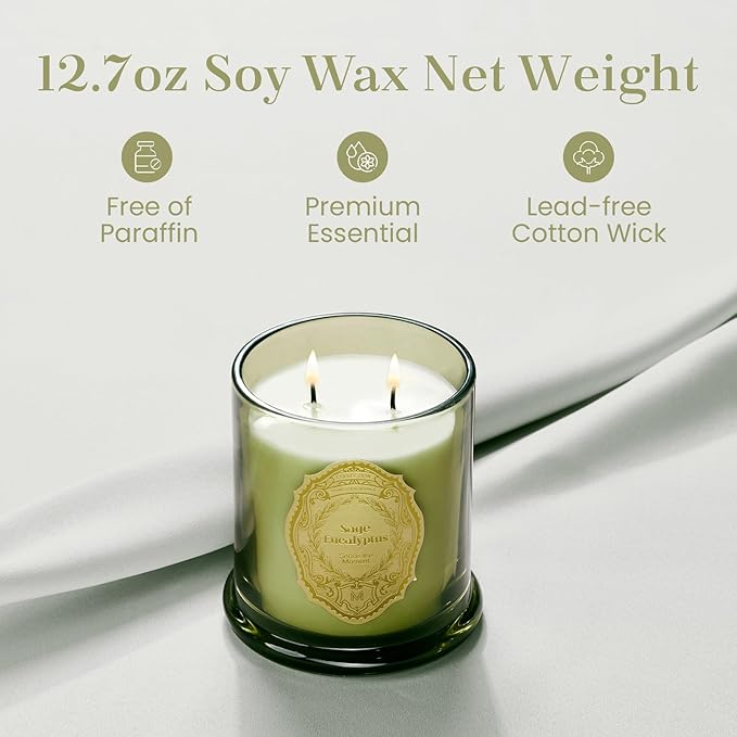 M&SENSE Sage Eucalyptus Candles for Home Scented, 2 Wick 12.7oz Soy Wax Candles Non Toxic,70 Hours Long Burning,Christmas Candles Gift for Stress Relief, Meditation, Yoga