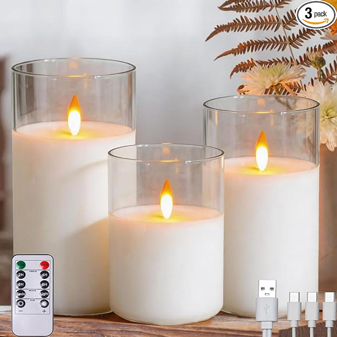 JMTONE 200 Hours Rechargeable Flickering Flameless Candles, Rechargeable Battery LED Glass Pillar Candle with Remote and Timer, Real Wax Clear Color for Living Room, Home Décor, Mother’s Day Gifts