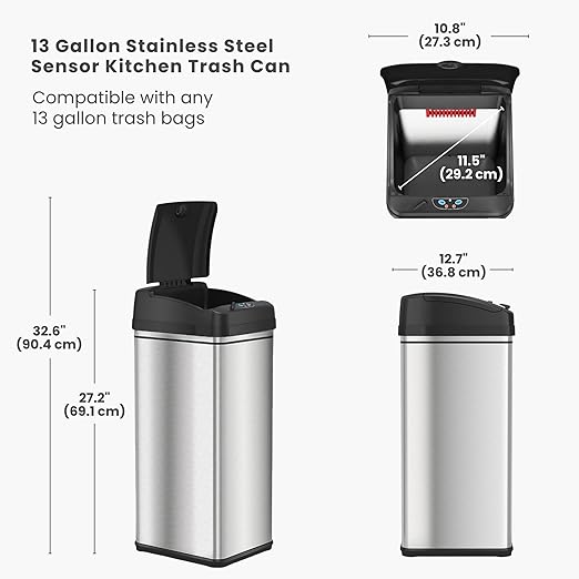 iTouchless 13 Gallon Sensor Trash Can with AC Adapter, Battery-Free Stainless Steel Automatic Bin with Odor Filter, Great for Kitchen and Office