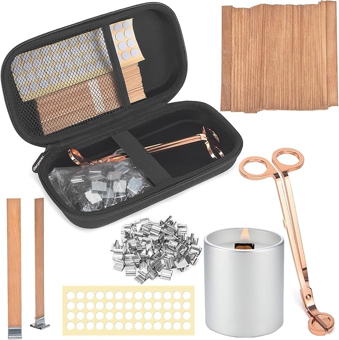 Wood Wicks for Candles Making with Case, Wooden Wicks for Candlemaking 5.1 X 0.5 Inch Smokeless Long Lasting Flame Natural Wood Candle Wick with Candle Wick Trimmer, Metal Base for DIY Candle(50 Sets)