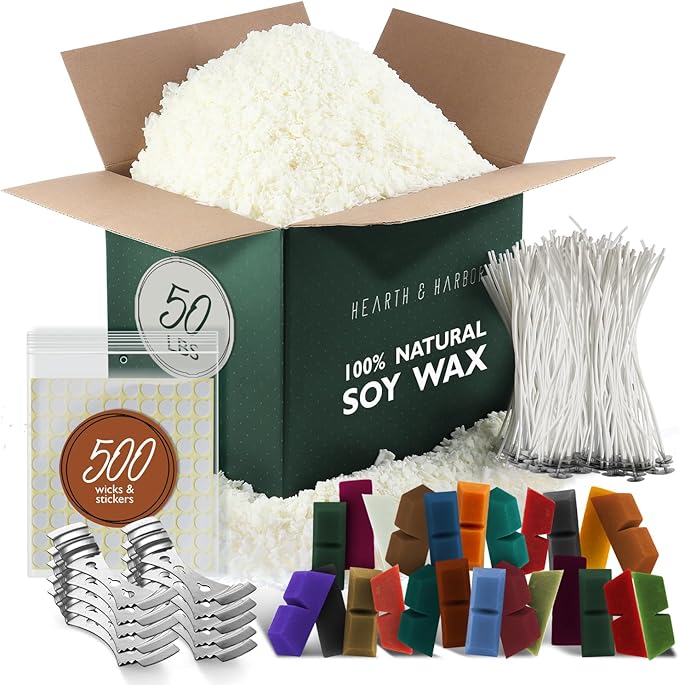 Hearth & Harbor Natural Soy Wax and DIY Candle Making Supplies - 50 Lbs Soy Candle Wax Flakes, 24 Candle Wax Dye Blocks, 500 Cotton Wicks, and 10 Metal Centering Device