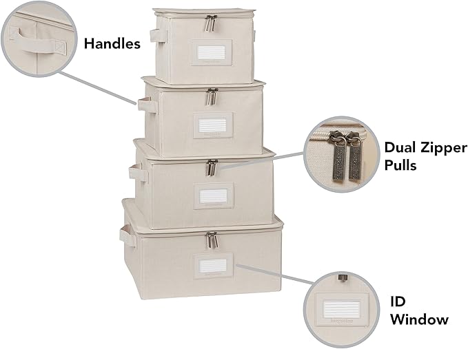 Covermates Dish Storage Box Set – China & Dinner Plate Storage Containers with Felt Dividers, Dual Zippers, Reinforced Handles, ID Window & Stackable Design, Beige Heather