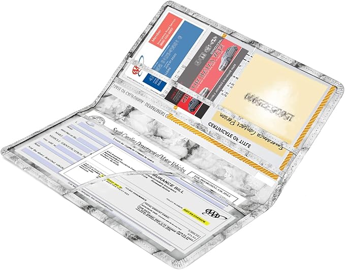 HERRIAT Car Registration and Insurance Card Holder,Marble Leather Vehicle Glove Box Automobile Documents Paperwork Wallet Case Organizer for ID, Key Contact Information Cards,Men&Women
