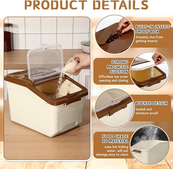 Blushtier 4 Pack Large Rice Storage Containers 30 Lbs Airtight Flour Container with Seal Locking Lid and Measuring Cup Kitchen Dry Food Storage Bins for Cereal Sugar Beans(Khaki)
