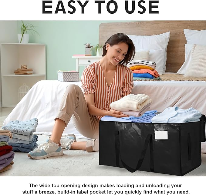 6 Pack-Extra Large Heavy Duty Moving Bags - Waterproof Storage Totes with Handles & Zippers, Foldable for College Dorm, Storage (Black)