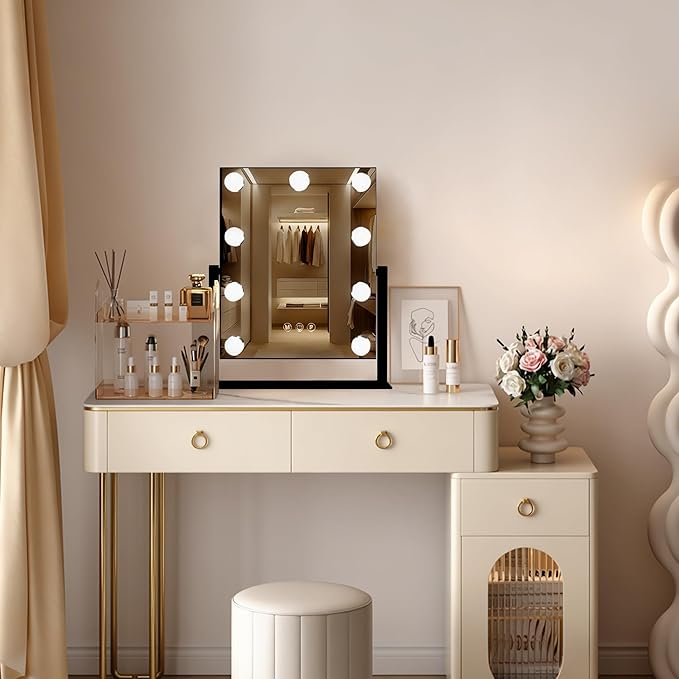 Ratsamee Black Hollywood Vanity Mirror with Lights, 9 Dimmable Bulbs, 3 Color Lights,Make Up Lighted Mirror, 10x Magnification 360°Rotation(12" x 14")