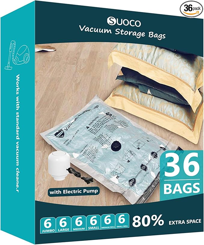 Vacuum Storage Bags with Electric Pump, Compression Packing Bags for Travel Luggage, Space Saver for Clothing Clothes Bedding Blankets Pillows, 36 Combo