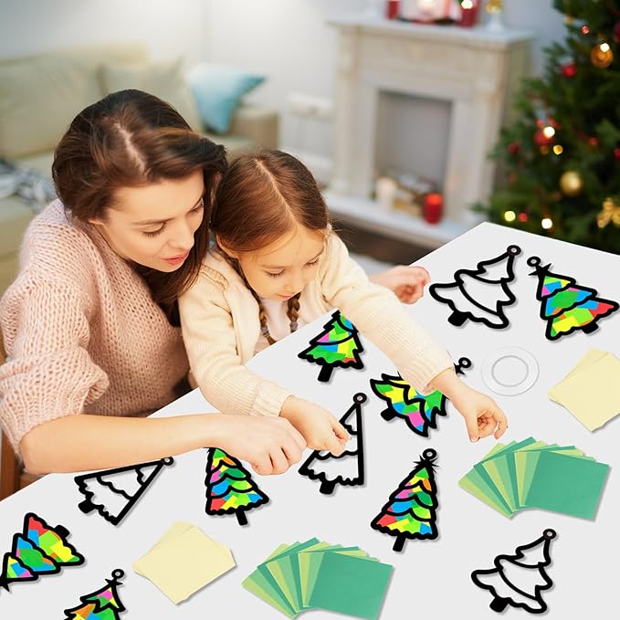 Qyeahkj 36 Set Christmas Tree Suncatchers Crafts for Kids DIY Xmas Tree Window Tissue Paper Craft Kit Hanging Decor for Christmas Winter Home Activity Art Project Birthday Party Favor Gift