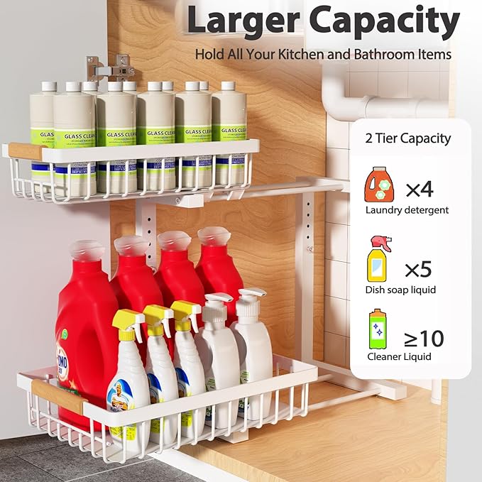 Liuoud Under Sink Organizer Storage 1 pack, 2 Tier Slide Out Height Adjustable Pull Out Cabinet Organizer Drawers, Kitchen Bathroom Large Capacity Metal Under Sink Rack Caddy Basket Shelves, White