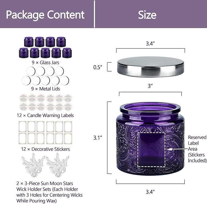 9-Pack 10 oz Sun Moon Star Embossed Glass Candle Jars with Mirror Lids and Labels - Unique Purple Containers with Lids for Candle Making