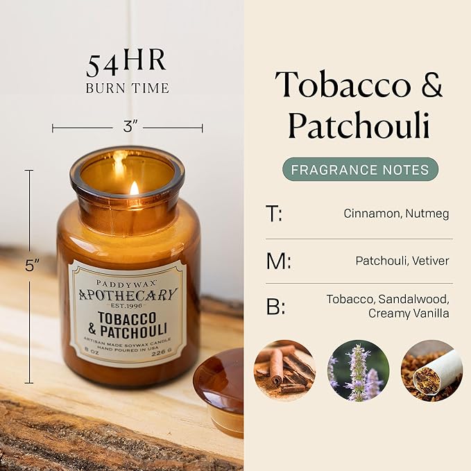 Paddywax Artisan Apothecary Scented Candle with Lid in Reusable Glass Jar, Clean-Burn Soy Candle with Approx. 54 Hour Burn Time, Tobacco & Patchouli, 8 oz.