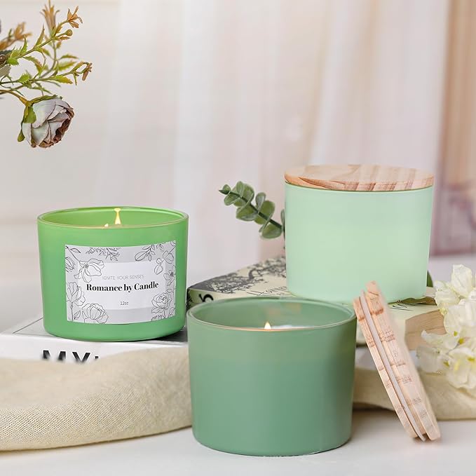 6Pcs Assorted Green Candle Jars for Making Candles, 12oz Empty Candle Jars with Bamboo Lids,Labels and 100g Crystal Rocks, Glass Jars for Candle Making Supplies, Candle Containers for DIY Gifts