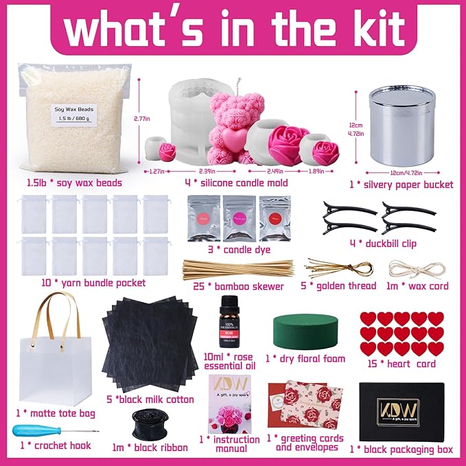 Rose Bucket Candle Kit Handmade Gift Soy Wax Beads for Candle Making Rose Silicone Mold 3D Flower Candle Molds All in One Kit Accessories Set Valentine's Day Gift (Silvery)