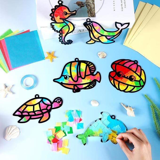 Qyeahkj 36 Set Sea Animal Suncatcher Crafts for DIY Under The Sea Window Tissue Paper Craft Kit Ocean Animal Hanging Decor for Summer Home Activity Art Project Birthday Party Favor Gift