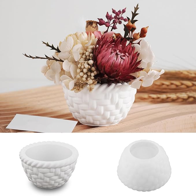1 Pc Woven Flower Basket Resin Casting Silicone Mold Flower Pot Vase Epoxy Mold for Plaster Cement Concrete DIY Jewelry Small Ornament Trays Party Favors Home Decorations Candle Making
