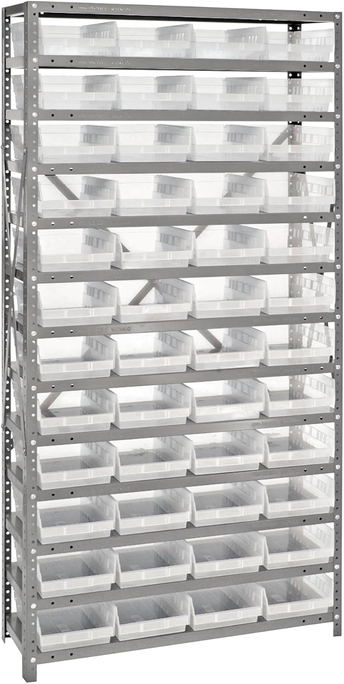 Quantum Storage Systems 1875-108CL Clear-View Sloped Shelving Unit with 4" Shelf Bins, 48 QSB108 Shelf Bins, 18" D x 36" W x 75" H