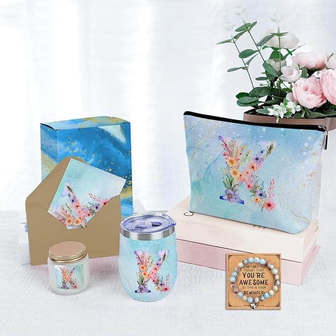 Personalized Gifts Monogrammed Birthday Gifts for Women, Soul Sister Bachelorette Party Wedding Christmas Initial Wine Tumbler Makeup Bag Scented Candle Bracelet Set, (Aesthetic Blue Flower K)