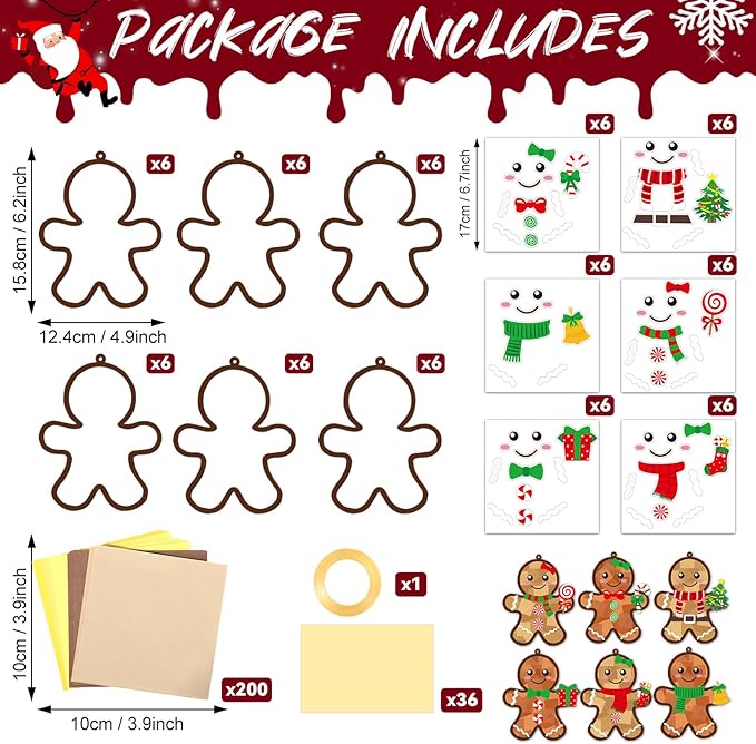 Qyeahkj 36 Set Christmas Gingerbread Suncatchers Crafts for DIY Winter Gingerbread Man Window Tissue Paper Craft Kit Hanging Decor for Xmas Holiday Home Activity Art Project Birthday Party Favor