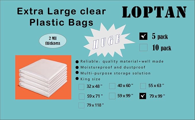 Extra Large Plastic Storage Bags 79 x 99 inches Huge Clear Giant Storage Bags Perfect for Moistureproof, Dustproof, Business Packing, Industry or Agriculture Use and More (5 Pack)