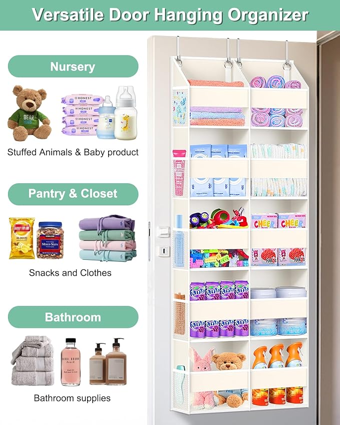 Heavy Duty Over The Door Organizer 5 Tiers, Extra Large Behind Door Storage of 10 Big Front & 10 Mesh Pockets, 80lb Weight Capacity, Hanging Doors Storage for Closet Bedroom Nursery, Beige