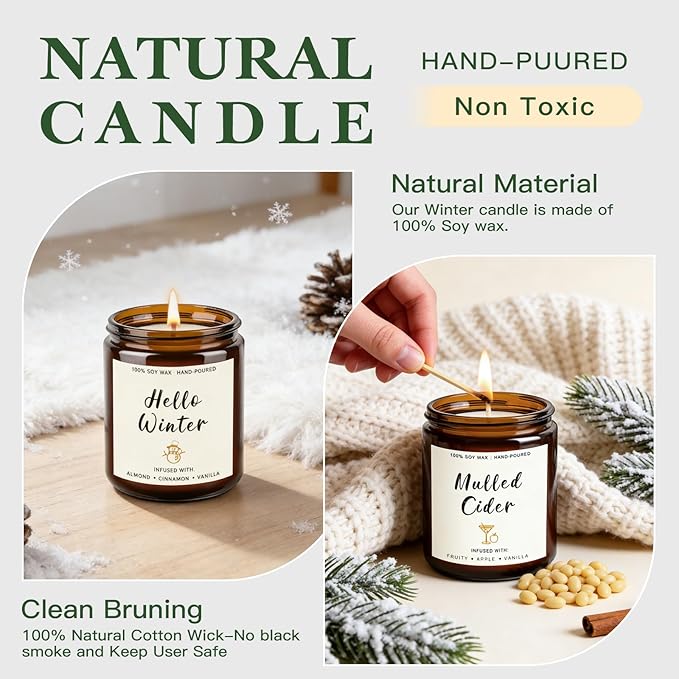 4 Pack Candles for Home Scented, 28oz Soy Candle Set, Scented Candles with Apple Cinnamon, Fir Balsam, Mulled Cider, Sandalwood – Holiday Candle Gifts for Women, Mothers, Galentines Day & Cozy Nights