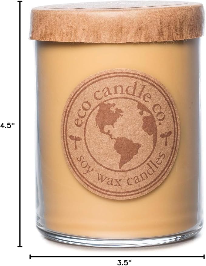 ECO CANDLE CO. Recycled Candle, Caramel Rum Cake, 18 oz. Double Wick - Scents of Caramel, Rum, Maple, Almond, Pear, & Vanilla - 100% Soy Wax, No Lead, Kraft Paper Label & Lid, Hand Poured