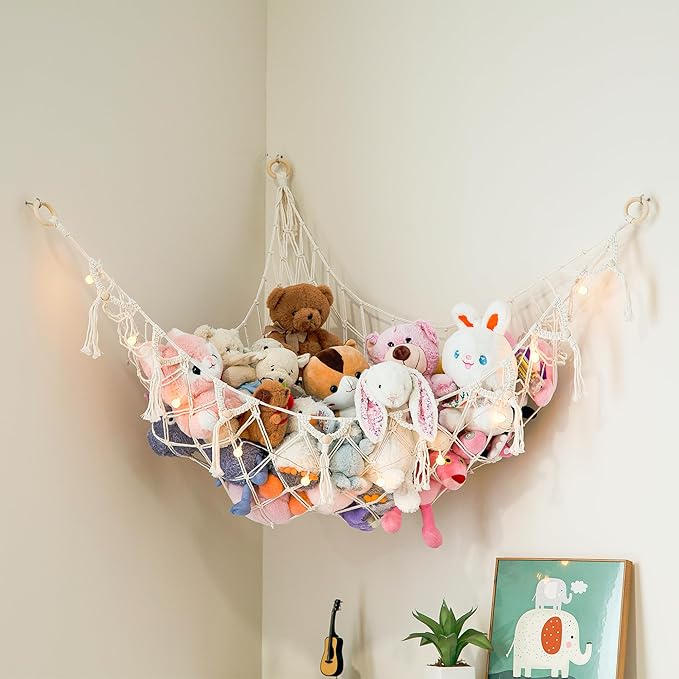 Lilly's Love Stuffed Animal Storage Macrame Hammock w/String Lights, Large - Boho Room Decor Toy Storage - Corner Hanging Plushie Stuffed Animal Net Organizer (White)
