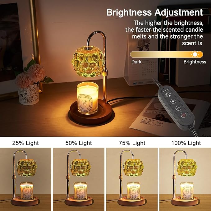 Candle Warmer Lamp with Timer Adjustable - Height Candle Warmer, Dimmer, Vintage Glass Wax Melting Lamps for Home Decor, for Candles in Jars with 2 Bulbs