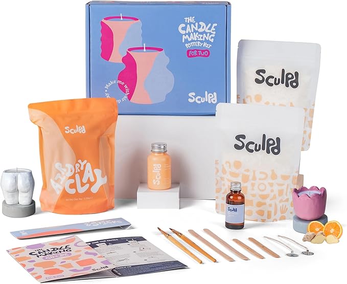 Sculpd Candle Making Pottery Kit for Adults with Air Dry Clay and Acrylic Paint Set, Non-Toxic Eco Soy Wax, Scented Fragrance Oil, Candle Glaze, Tools & Guide, 2 Candles, Orange & Ginger