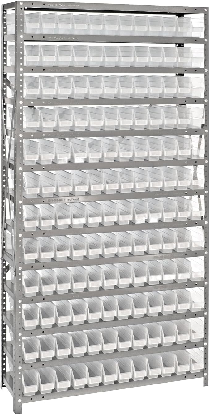 Quantum Storage Systems 1275-100CL Clear-View Sloped Shelving Unit with 4" Shelf Bins, 144 QSB100 Shelf Bins, 12" D x 36" W x 75" H