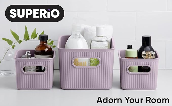 Superio Decorative Plastic Basket Open Home Storage Bins Organizer Baskets, Small, Lilac (8 Pack) Container Boxes for Organizing Closet Storage Bins for Shelves Drawer Shelf, 1.5 Liter