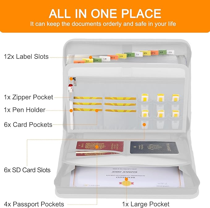 Accordion File Organizer,13 Pockets Fireproof Expanding File Folder with Multi Pockets,Portable Business Fire Safe Storage Document Organizer Folder with Zipper for Documents and File,Silver