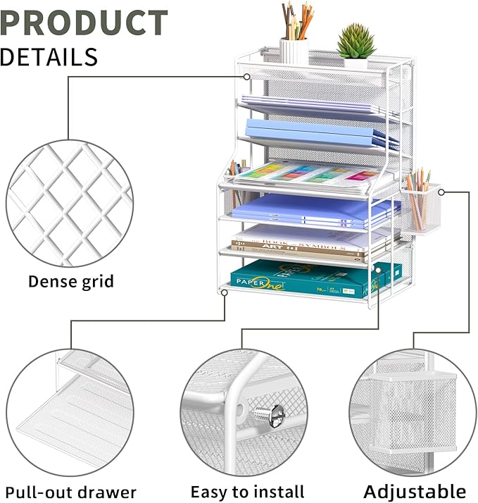 7 Tier Desk File Organizer – Vertical File Organizer for Desk with Removable Pen Holder & Adjustable Drawer – Metal Document Organizer for Office, Simple Trending Design – White