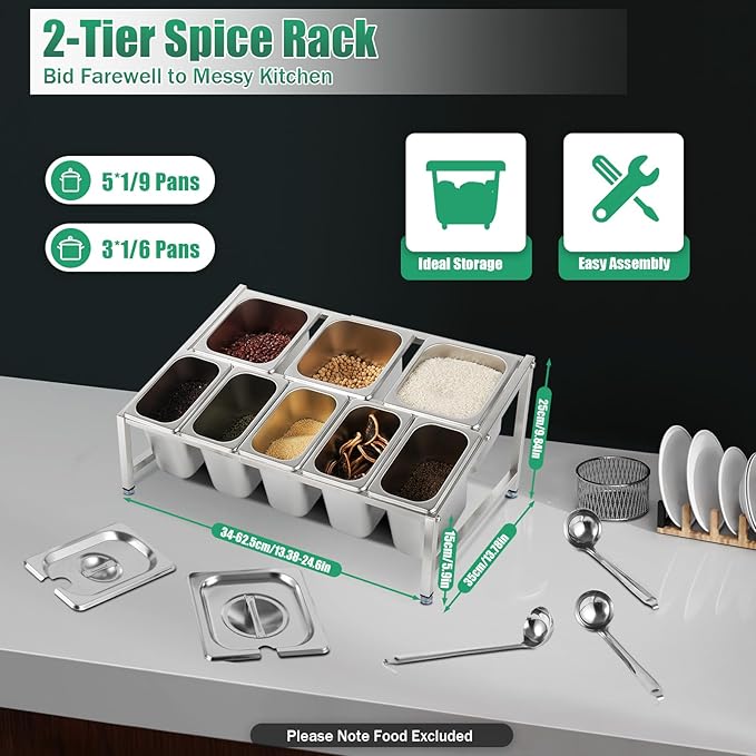 Expandable Spice Rack, Countertop Condiment Stand Holder with Pans and Lids,Stainless Steel Organizer Shelf for Seasonings Sauces Side Dishes Fruits Kitchen Pantry (5*1/9 Pans + 3*1/6 Pans)
