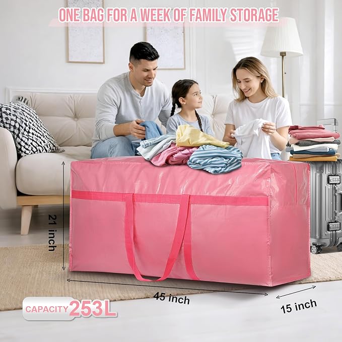 Extra Large Moving Bags Heavy Duty 2 Pack – Bubblegum Pink, 45x21x15 Inches Storage Bags for Moving, Packing, Traveling, and Organizing