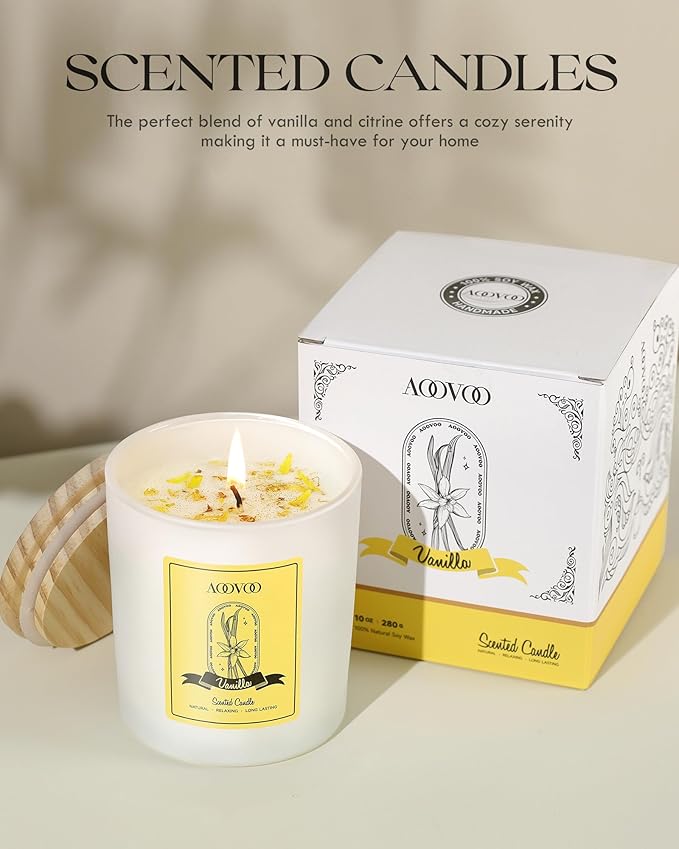 AOOVOO Vanilla Scented Candles for Women - Aromatherapy Candle with Crystals Inside, 10oz Soy Candles for Home Scented, Birthday Gifts Valentines Day Candle for Women Mom