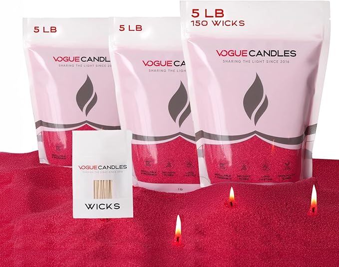 Vogue Candles Granulated Red Wax Refill – 5LB Pearled Candle Sand Wax – Sand Candle Kit with 150 Cotton Wicks for Christmas Candles – Plant-Based & Reusable for Clean Burning & Décor (3 Pack)