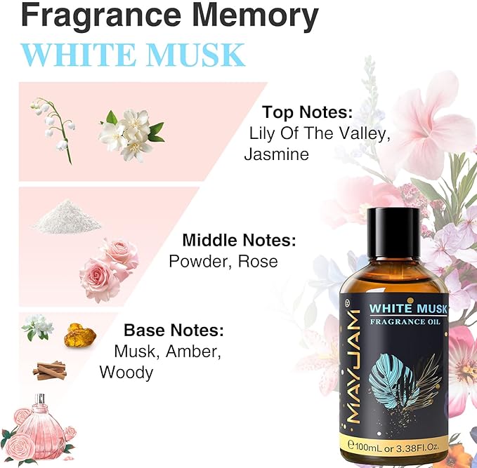 MAYJAM 100ML/3.38FL.OZ White Musk Fragrance Oils with Glass Dropper, Essential Oils for Diffusers for Home, Long Lasting Scented Oils for Diffusers Soap Candle Making