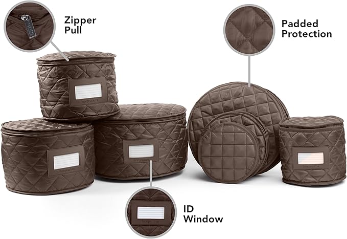 Covermates Keepsakes Dish Storage Set – Padded China & Dinnerware Storage Cases with Dividers, Cup & Stemware Storage, Quilted Polyester Protection, ID Window, Bronze
