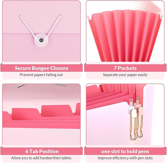 SKYDUE Pink School Office Supplies, Accordion File Organizer - 7 Pocket Letter Size Expanding Folder for School & Office - Portable Document Organizer