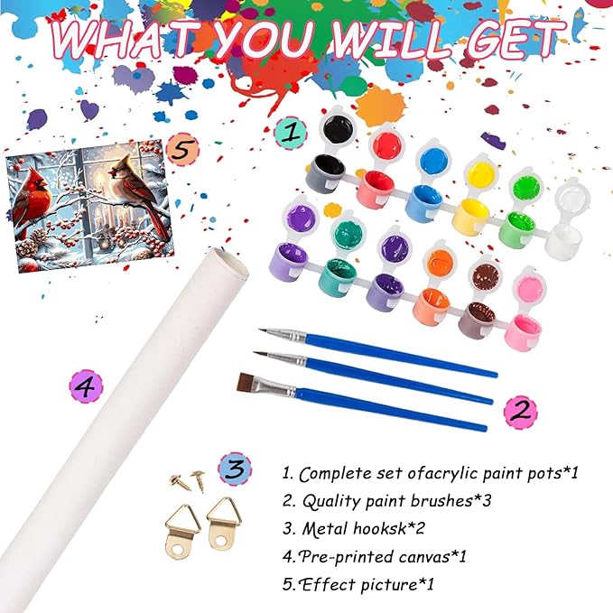 Christmas Paint by Numbers Kit for Adults Beginner , DIY Red Bird Paint By Numbers Kits, Easy Color Acrylic Paint On Canvas Candle Painting Kits Art,Home Wall Decor 12x 16 Inch (Without Frame)