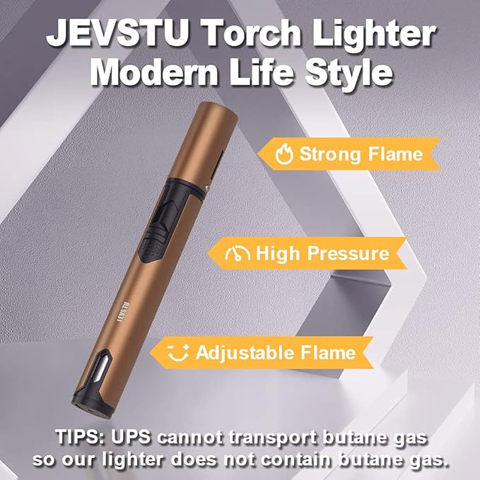 Butane Lighter, Torch with Fuel Level Window, Adjustable Fire Jet Lighter for Fireplace, Windproof Pen for Candle BBQ, Brown, Fluid not Included