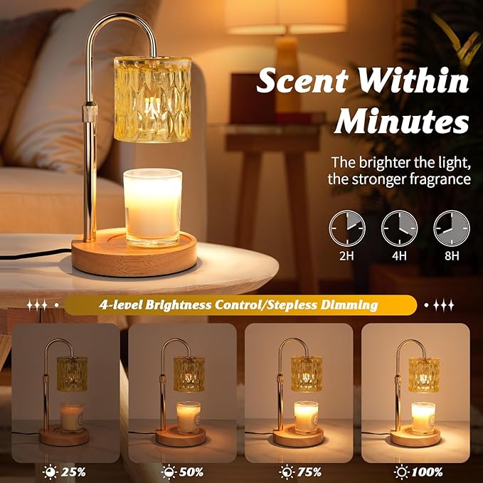 HAIDOLIANG Candle Warmer Lamp with Timer and Dimmer, Height and Brightness Adjustable,Glass Electric Wax Warmer with 2 Bulbs for Women Mom Gifts, Home Decor for Scented Jar Candles (Yellow)