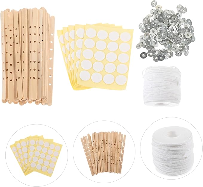 VILLCASE 1set Candle Making Kit Wicks Centering Devices and Stickers for DIY Candle Creation Wooden Wick Holders for Stable Burning and Easy Labeling