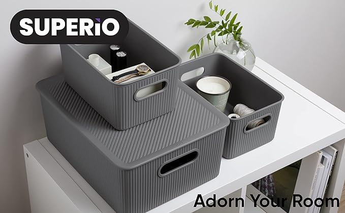 Superio Decorative Plastic Basket Open Home Storage Bins Organizer Baskets, Medium, Grey (8 Pack) Container Boxes for Organizing Closet Storage Bins for Shelves Drawer Shelf, 5 Liter