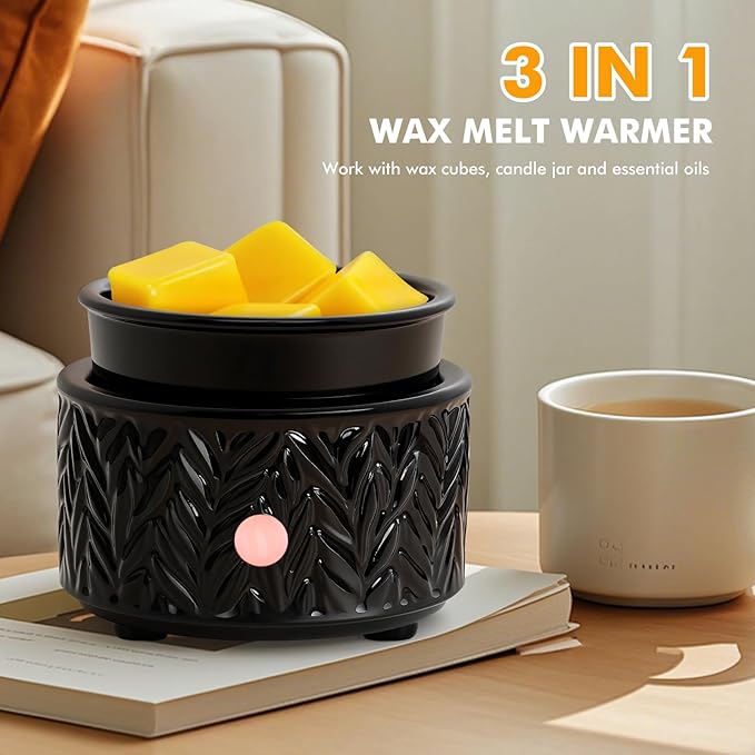 EQUSUPRO Wax Melt Warmer for Scented Wax - 4-in-1 Electric Ceramic Candle Wax Warmer Fragrance Wax Burner Melter for Home Office Decor & Gift for Women (Black Leaf)
