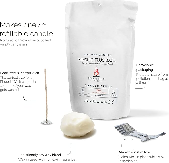 Phoenix Wick Candle Making Kit – Transform Anything Into A Candle – Candle Making Kit with Wick + 7oz Wax (Fresh Citrus Basil Scent)