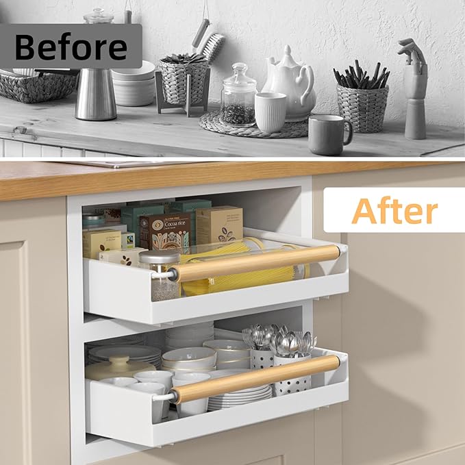 Pull Out Cabinet Organizer, 15.3'' Deep Expandable Slide Out Cabinet Organizer Fixed with Adhesive Nano Film, Slide Out Drawers Pull Out Tray for Cabinet in Kitchen, Pantry, Bathroom, White