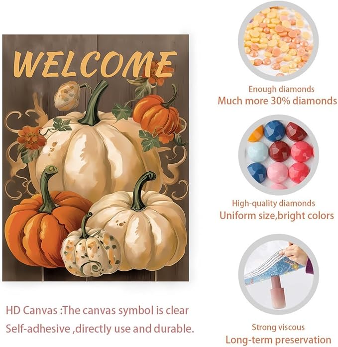 GUAIEUW DIY Diamond Painting Kit - Autumn Pumpkin Diamond Painting, 5D Full Round Diamond Diamond Art Painting for Adults with Accessories, Home Wall Decor Premium Gift 12x16 Inch