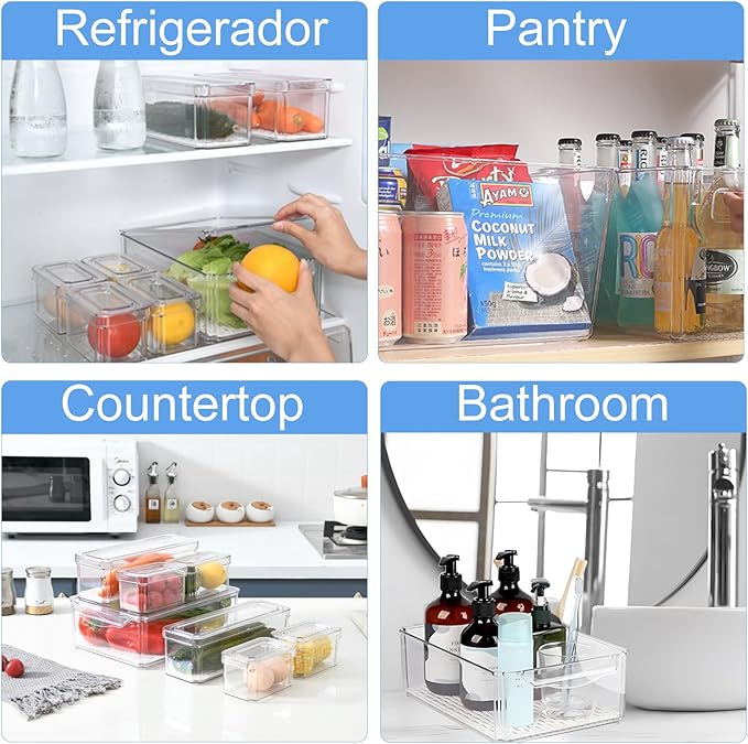 KUMD 14-Pack Clear Fridge Organizer Bins with Lids, Stackable Refrigerator Storage Containers, BPA-Free with Drain Tray & Anti-Slip Base for Fruits, Veggies, Drinks